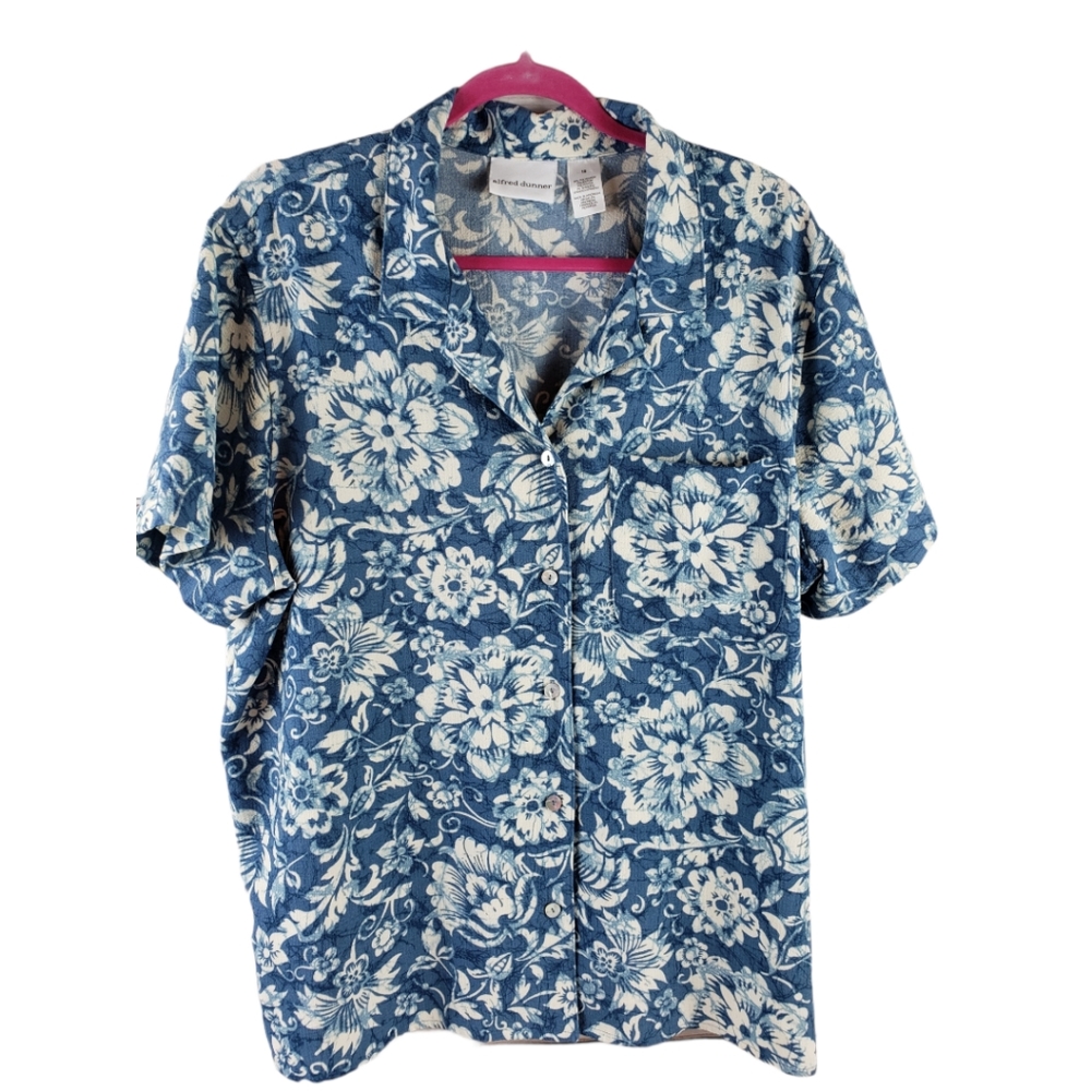 Alfred Dunner Women's Top Blue White Floral Button Size 18 Comfort
